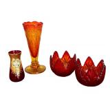 Vintage Amberina Colored Glassware and Ruby Red Vase with Gold Detailing