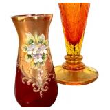 Vintage Amberina Colored Glassware and Ruby Red Vase with Gold Detailing