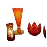 Vintage Amberina Colored Glassware and Ruby Red Vase with Gold Detailing