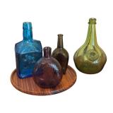 Collection of 4 Vintage Glass Bottles with Wood Tray