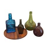 Collection of 4 Vintage Glass Bottles with Wood Tray