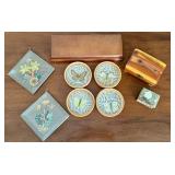 Collection of Decor Items and Trinkets including Vintage Butterfly Coasters and Pressed Flowers