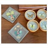 Collection of Decor Items and Trinkets including Vintage Butterfly Coasters and Pressed Flowers