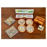 Collection of Decor Items and Trinkets including Vintage Butterfly Coasters and Pressed Flowers