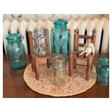 Collection of Vintage Ball Mason Jars and Miniature Wood Chairs with Doll