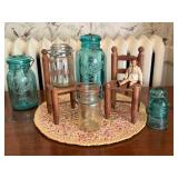 Collection of Vintage Ball Mason Jars and Miniature Wood Chairs with Doll