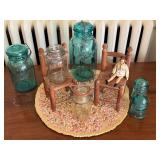 Collection of Vintage Ball Mason Jars and Miniature Wood Chairs with Doll