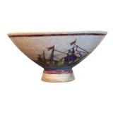 Vintage Iranian Persian Hand-painted Ceramic Bowl Featuring Ship Design