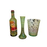 Vintage Green Glass Collection: Bottle, Vase, and Tumbler