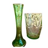 Vintage Green Glass Collection: Bottle, Vase, and Tumbler