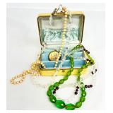 Vintage Jewelry Box with Assorted Beaded Jewelry and Monogrammed Locket
