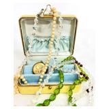 Vintage Jewelry Box with Assorted Beaded Jewelry and Monogrammed Locket
