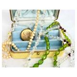 Vintage Jewelry Box with Assorted Beaded Jewelry and Monogrammed Locket