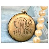 Vintage Jewelry Box with Assorted Beaded Jewelry and Monogrammed Locket