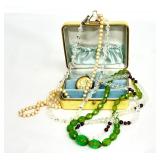 Vintage Jewelry Box with Assorted Beaded Jewelry and Monogrammed Locket