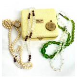 Vintage Jewelry Box with Assorted Beaded Jewelry and Monogrammed Locket