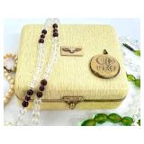 Vintage Jewelry Box with Assorted Beaded Jewelry and Monogrammed Locket