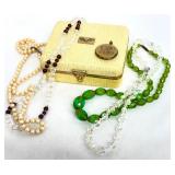 Vintage Jewelry Box with Assorted Beaded Jewelry and Monogrammed Locket