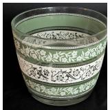 Pair of Libby Green and White Floral Painted Glass Ice Buckets