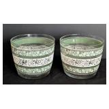 Pair of Libby Green and White Floral Painted Glass Ice Buckets