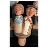 Pair of Vintage Carved Wood Figurines and Bottle Stopper