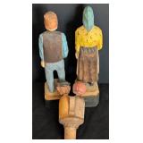 Pair of Vintage Carved Wood Figurines and Bottle Stopper