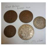Great Britain Bronze Penny and Half Penny 1929, 1935, Half Crown 1944 (50% silver) shillings 1938