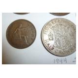 Great Britain Bronze Penny and Half Penny 1929, 1935, Half Crown 1944 (50% silver) shillings 1938
