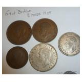 Great Britain Bronze Penny and Half Penny 1929, 1935, Half Crown 1944 (50% silver) shillings 1938