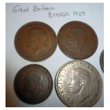 Great Britain Bronze Penny and Half Penny 1929, 1935, Half Crown 1944 (50% silver) shillings 1938
