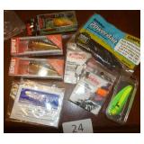 Fishing lot - 3 new rapala Shad, new John Deere spoon lure, New leader sleeves, bait, and rod finish