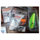 Fishing lot - 3 new rapala Shad, new John Deere spoon lure, New leader sleeves, bait, and rod finish