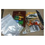 Fishing lot - filet knife, bait, rapala lures, worm bags, map bag, berkeley stainless soap