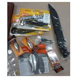 Fishing lot - filet knife, bait, rapala lures, worm bags, map bag, berkeley stainless soap