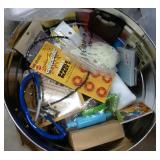 Can full of whatever fits - clock, scissors, stamps, watch, microfiber cloth, plate stands, vacuum bags