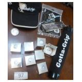 8 new golf balls, hat, golf club grip, gorilla grip, payne stewart coin