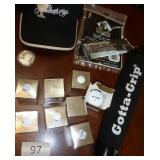8 new golf balls, hat, golf club grip, gorilla grip, payne stewart coin