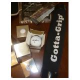 8 new golf balls, hat, golf club grip, gorilla grip, payne stewart coin