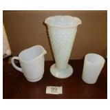 3 hobnail items - creamer, vase, glass - no chips or cracks