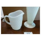 3 hobnail items - creamer, vase, glass - no chips or cracks