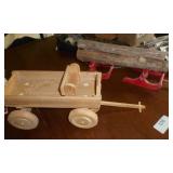 vintage wood wagon to be painted and wood log sleigh with logs