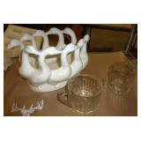 2 pottery bowls, Ceramic geese bowl and grape etched creamer and sugar