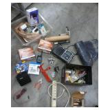 Group of misc garage stuff - insect fogger, radio, bulbs, hangers, tie downs, painters plastic