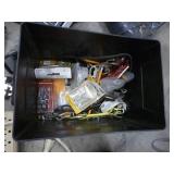 Group of misc garage stuff - insect fogger, radio, bulbs, hangers, tie downs, painters plastic