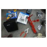 Group of misc garage stuff - insect fogger, radio, bulbs, hangers, tie downs, painters plastic