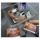 Group of misc garage stuff - insect fogger, radio, bulbs, hangers, tie downs, painters plastic