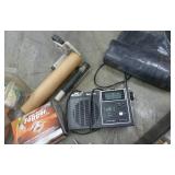 Group of misc garage stuff - insect fogger, radio, bulbs, hangers, tie downs, painters plastic