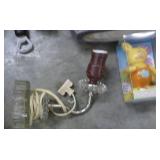 Misc collection - grilling plates, grill cleaner, vintage wall lamp, answering machine, bulbs, décor, new bowl