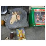 Misc collection - grilling plates, grill cleaner, vintage wall lamp, answering machine, bulbs, décor, new bowl