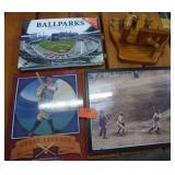 Baseball fans - Babe Ruth picture, bat and ball wall hanger, ballpark book, tin picture